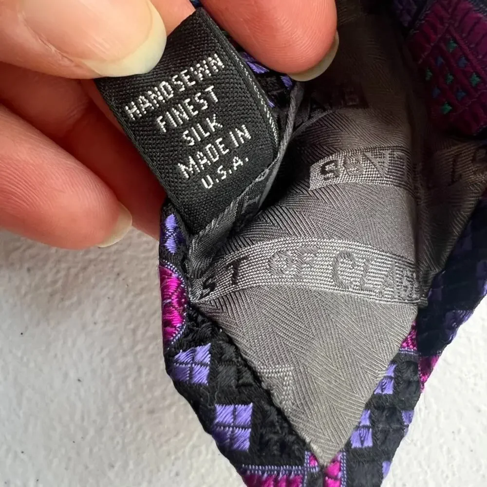 Robert Talbott Mens Tie Purple Square Geometric Silk HandSewn Embroidered